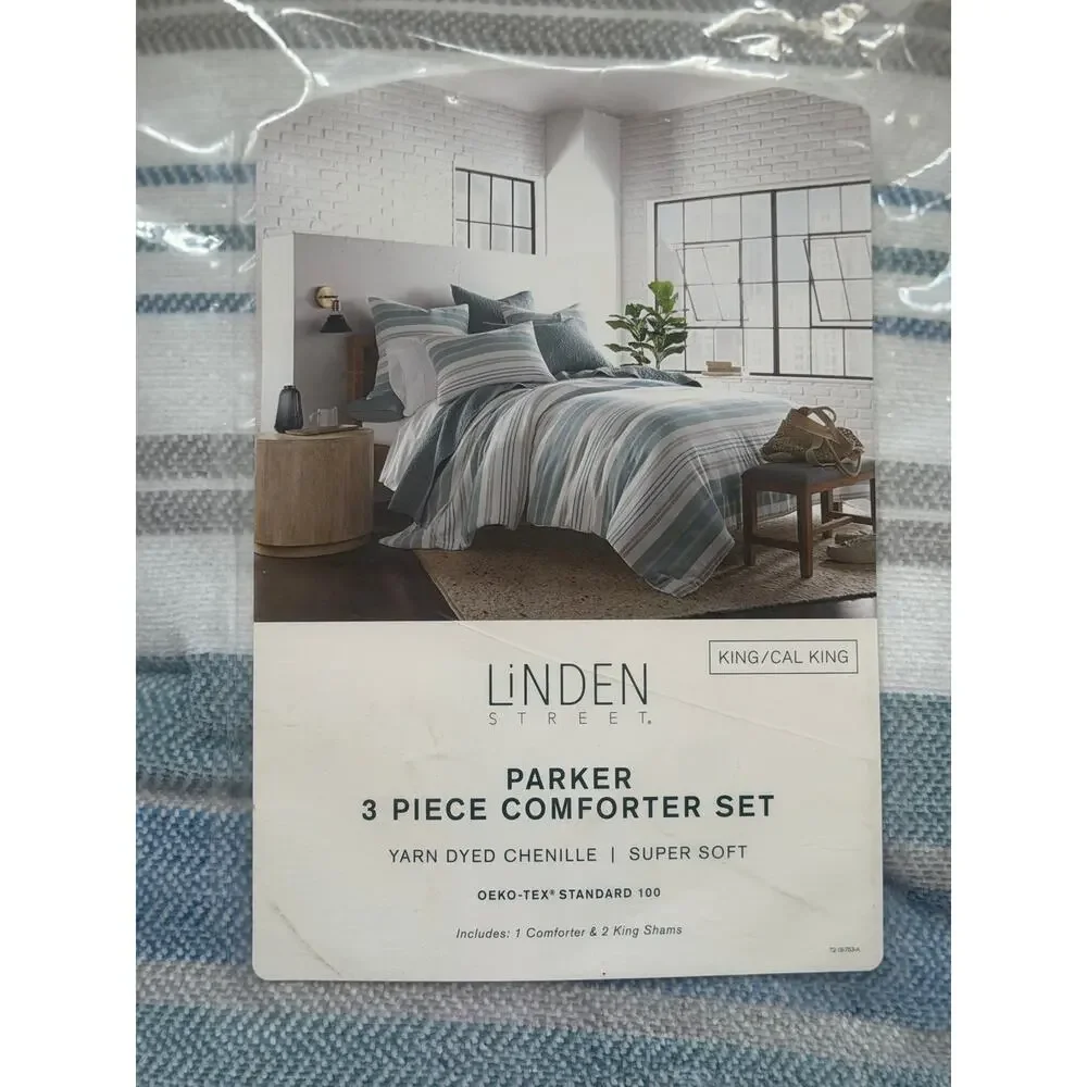 NEW! Linden Street Parker Stripe 3PC Comforter Set Abyss Green King/Cal King